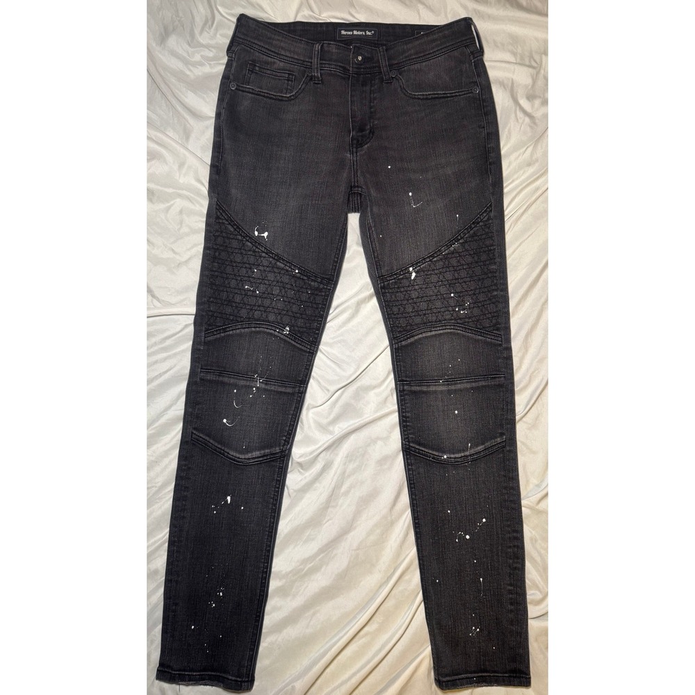 Heroes Motors Super Slim Biker Jeans Mens 30x32‎ Black Paint Splatter Moto Pants